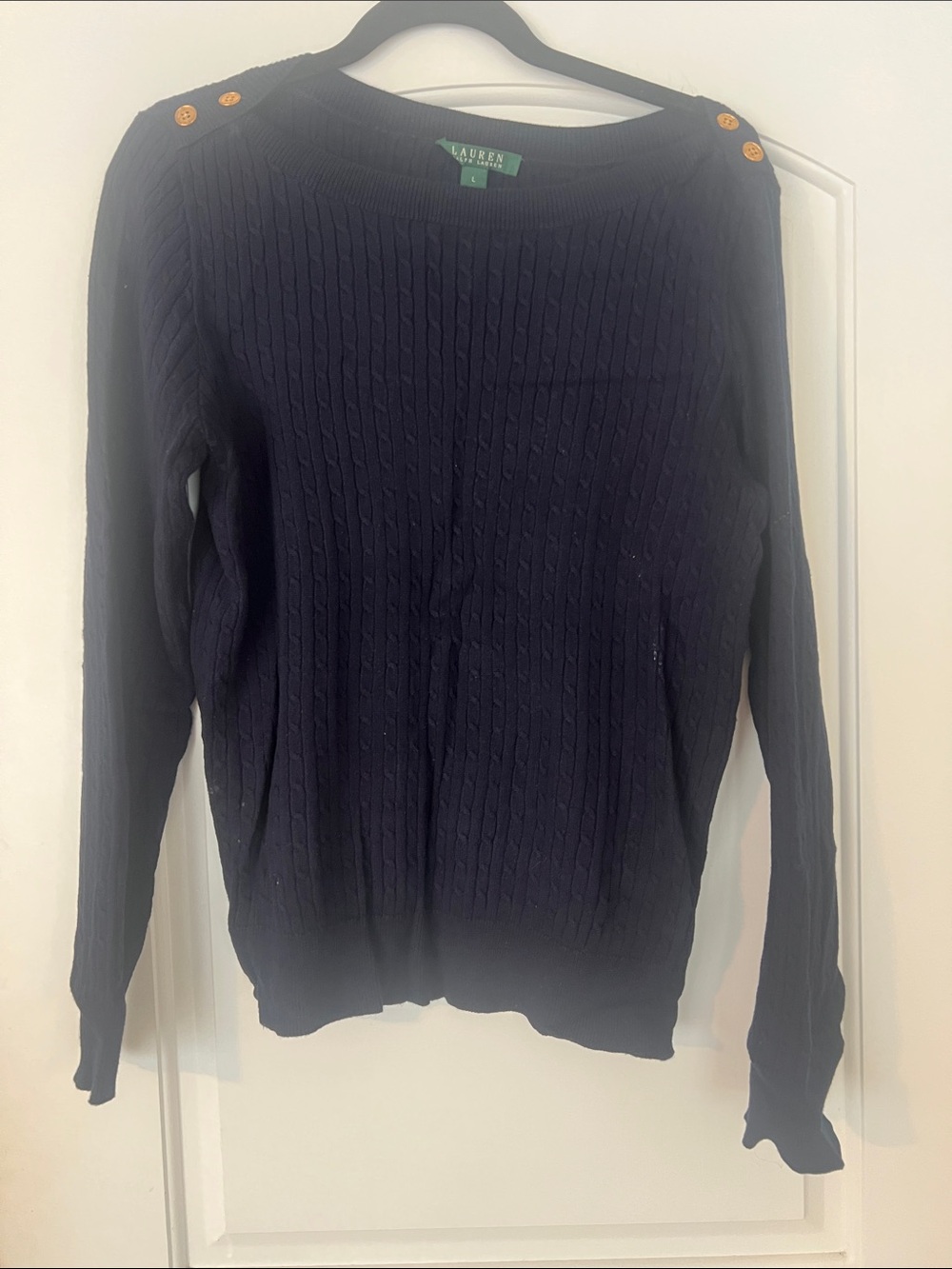 Lauren Ralph Lauren Navy Cable-Knit cotton Sweater w/Gold Shoulder Buttons